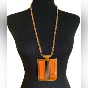 COPY - TORY BURCH Long Gold Tone Necklace with Orange Resin Pendant
